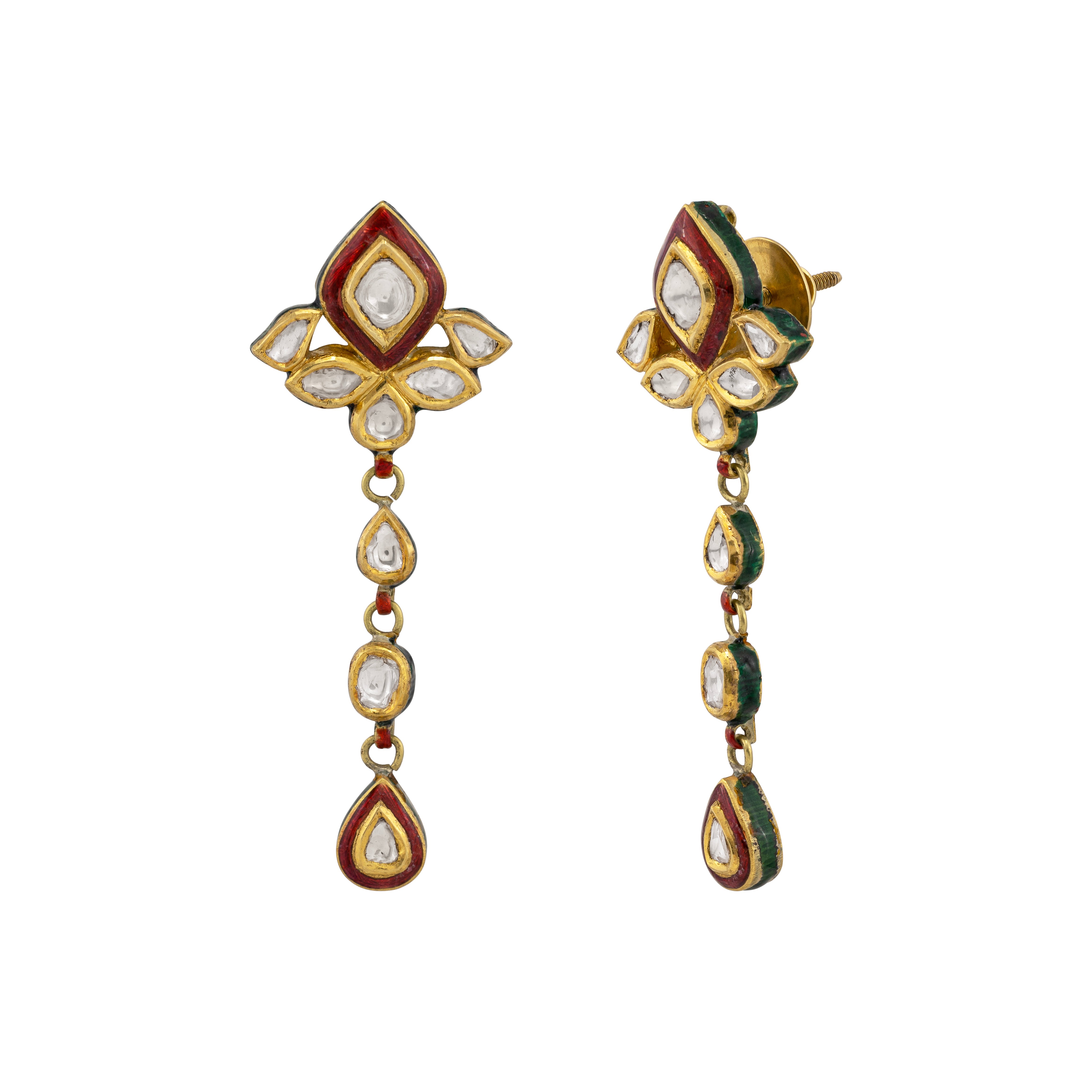 Teardrop Polki Earrings with Red Enamel & Cascading Design